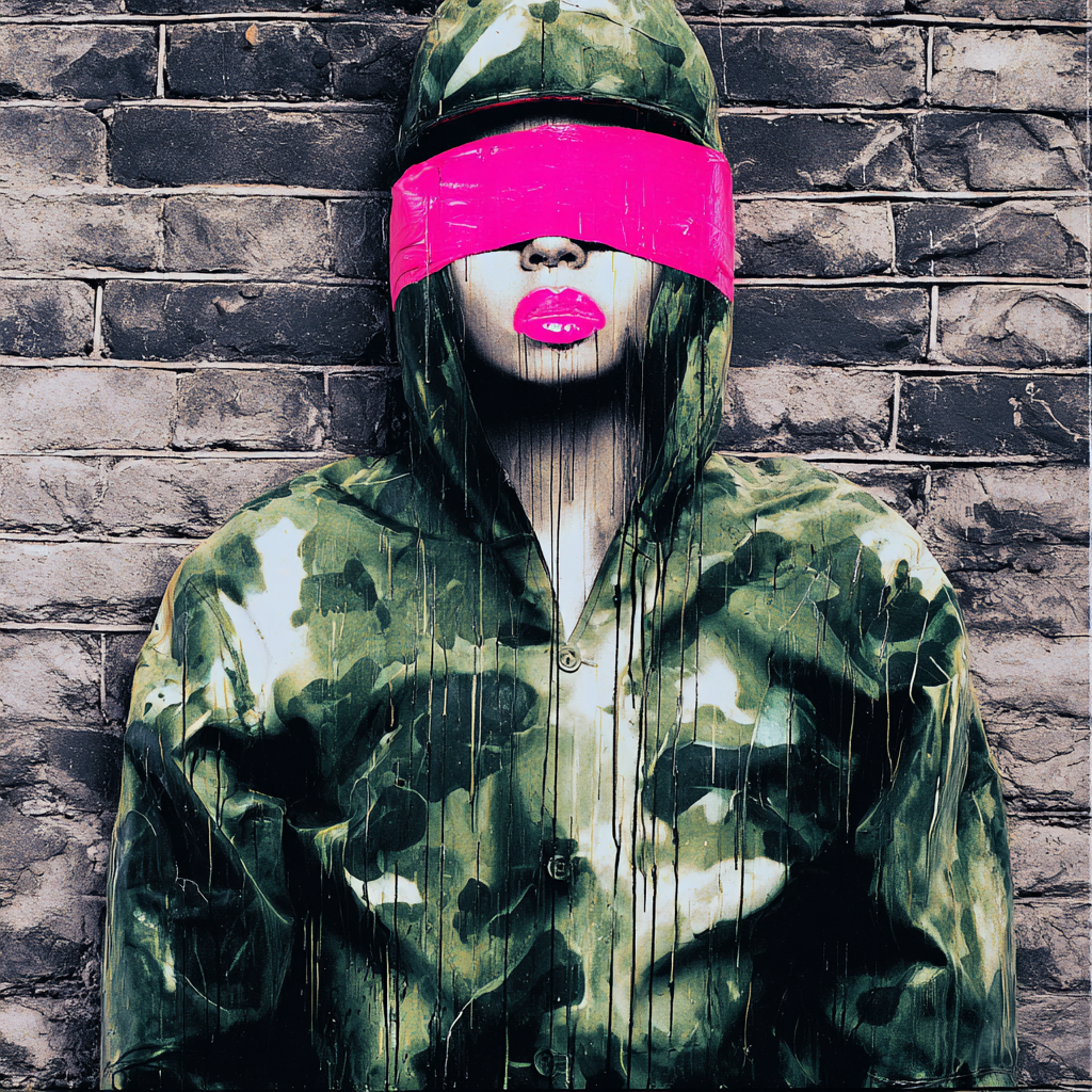 Street-Art-inspiriertes Porträt einer Frau mit verdeckten Augen durch pinkes Band, Tarnjacke und tropfender Farbe vor Backsteinwand.