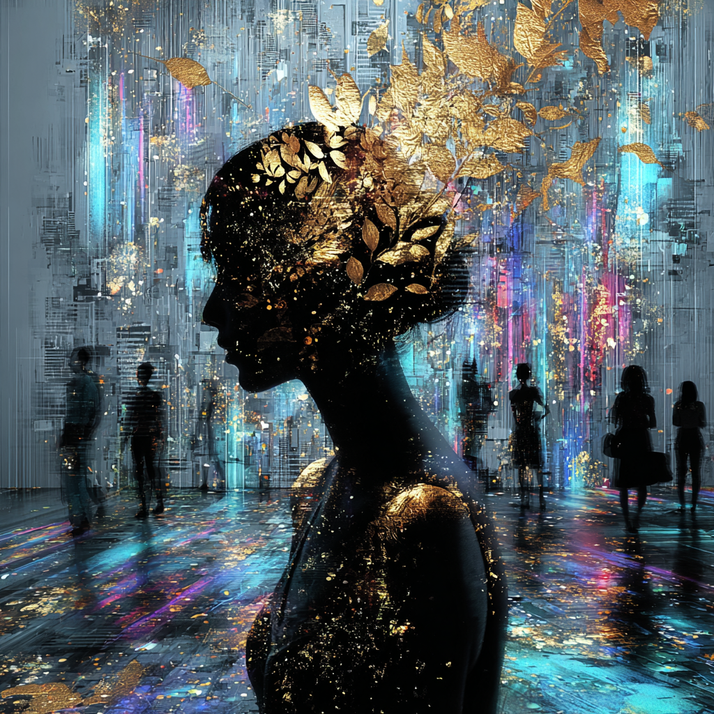 Silhouette einer Frau im Profil mit goldenen Blattmotiven vor einer abstrakten, urbanen Lichtlandschaft.