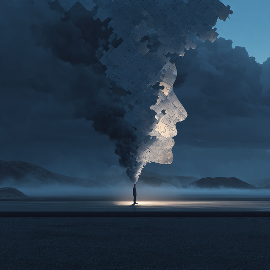 Symbolische Szene mit einzelner stehender Figur, aus deren Kopf eine rauch- und puzzleartige Gedankenform in Gestalt eines Gesichts aufsteigt, ruhig-düstere Atmosphäre