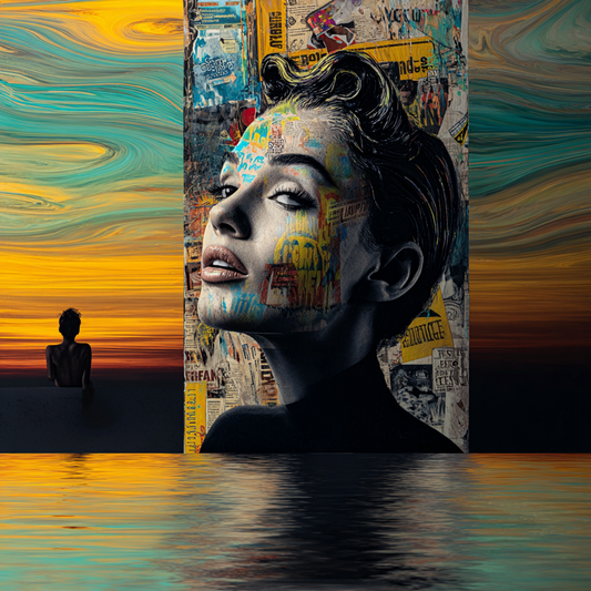 Symbolisches Frauenporträt mit Collageelementen vor Wasser und Abendhimmel.