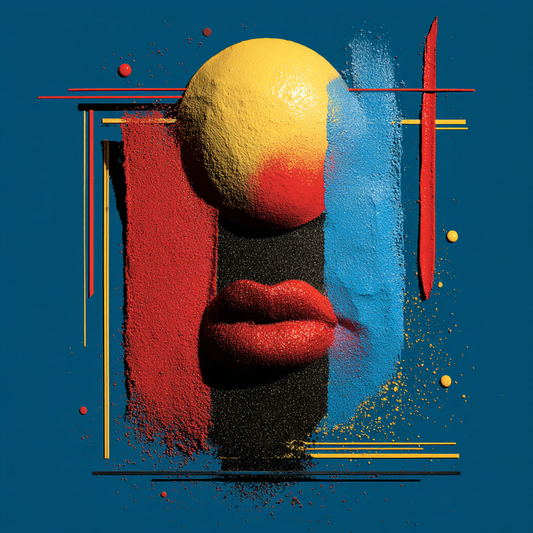 Abstraktes Kunstwerk mit roten Lippen, gelber Kugel und geometrischen Linien in Rot, Blau und Schwarz.