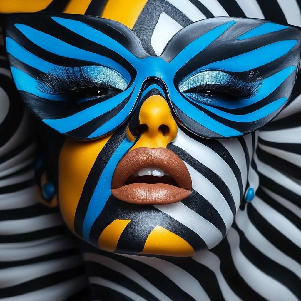 Ikonisches Frauenporträt mit geometrischer Gesichtsbemalung in Blau, Schwarz, Weiß und Gold im modernen Grafikstil.