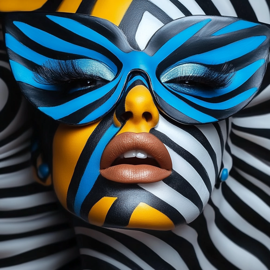 Ikonisches Frauenporträt mit geometrischer Gesichtsbemalung in Blau, Schwarz, Weiß und Gold im modernen Grafikstil.