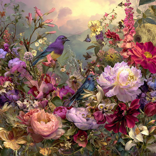 Florales Kunstwerk mit zwei Vögeln zwischen üppigen Blüten, Schmetterlingen und weichem Morgenlicht.