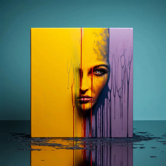 Ruhig-symbolisches Kunstwerk mit geteiltem Frauenporträt, kontrastierenden Farbflächen in Gelb und Violett sowie tropfenden Farbakzenten.
