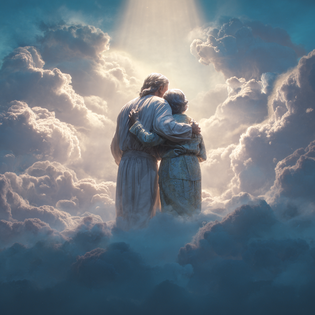 Zwei eng umarmte Figuren stehen in Wolken und werden von warmem Licht von oben umgeben.