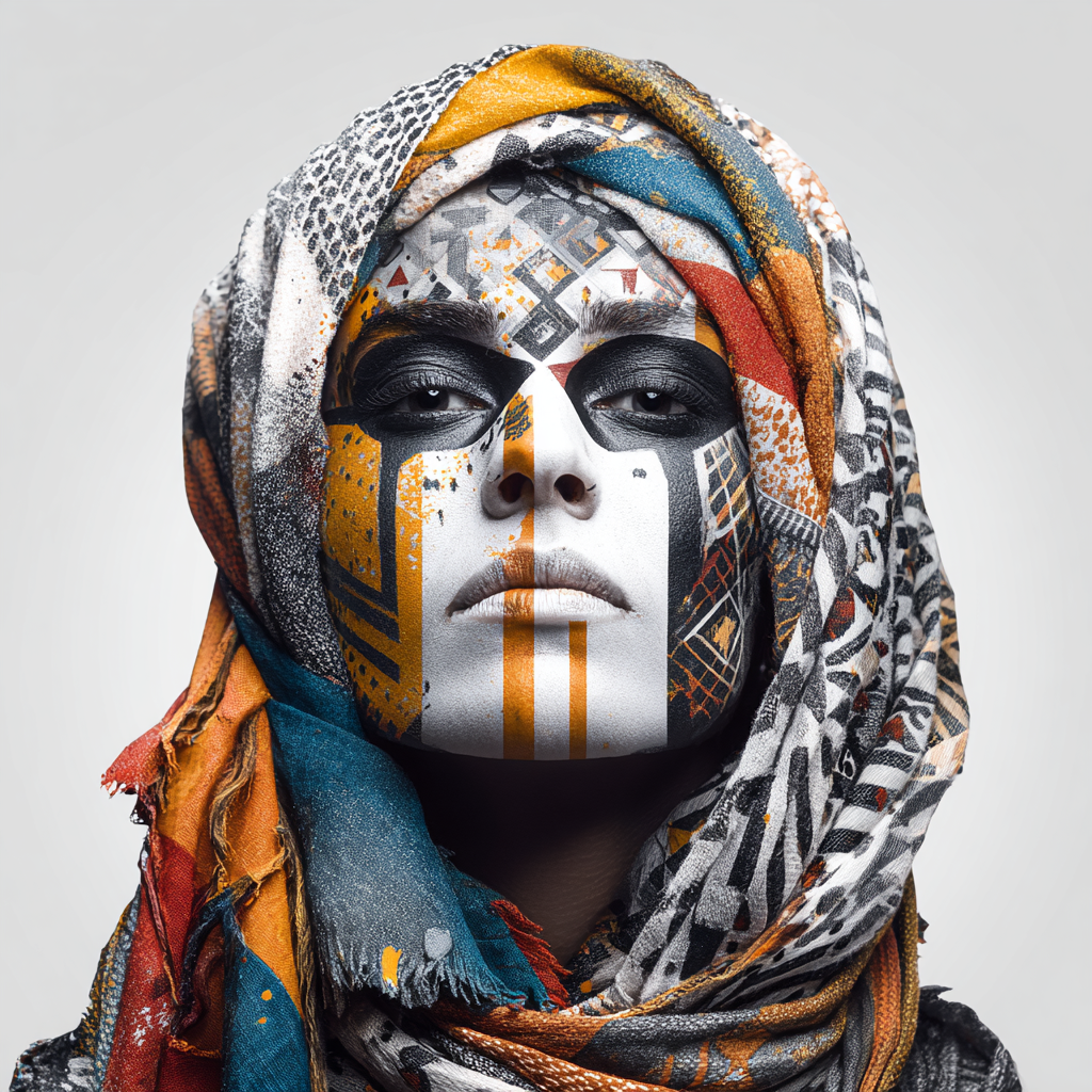 Symbolisches Porträt mit geometrisch bemaltem Gesicht und gemustertem Tuch, klar-ästhetische und ruhig-symbolische Wirkung