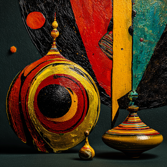 Abstraktes Kunstwerk mit konzentrischem Kreis, gold-roten Formen und skulpturalen Elementen auf dunklem Hintergrund.