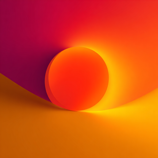 Abstrakte Komposition mit leuchtender roter Kreisform und warmen Farbverläufen in Orange und Gold.
