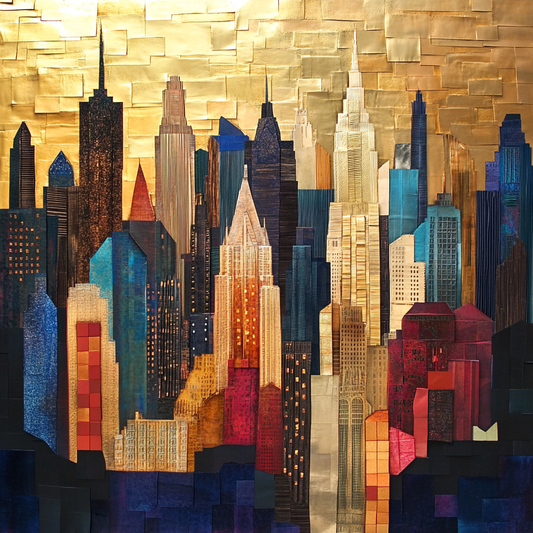 Abstraktes digitales Kunstwerk einer farbigen Stadtlandschaft mit geometrischen Hochhäusern in Gold-, Blau- und Rottönen, die eine stilisierte Skyline bilden.
