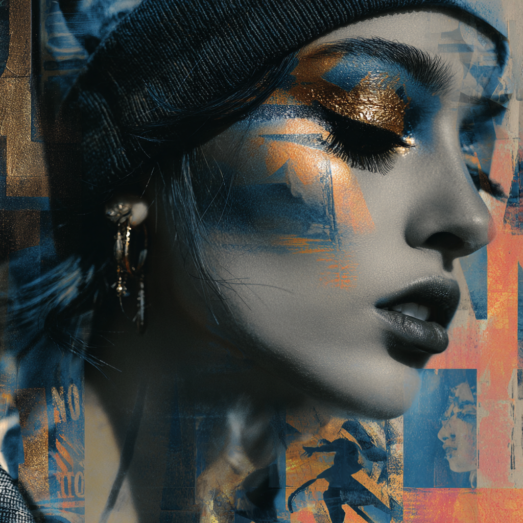 Modernes Frauenporträt mit geschlossenen Augen und abstrakten Blau-Gold-Elementen.