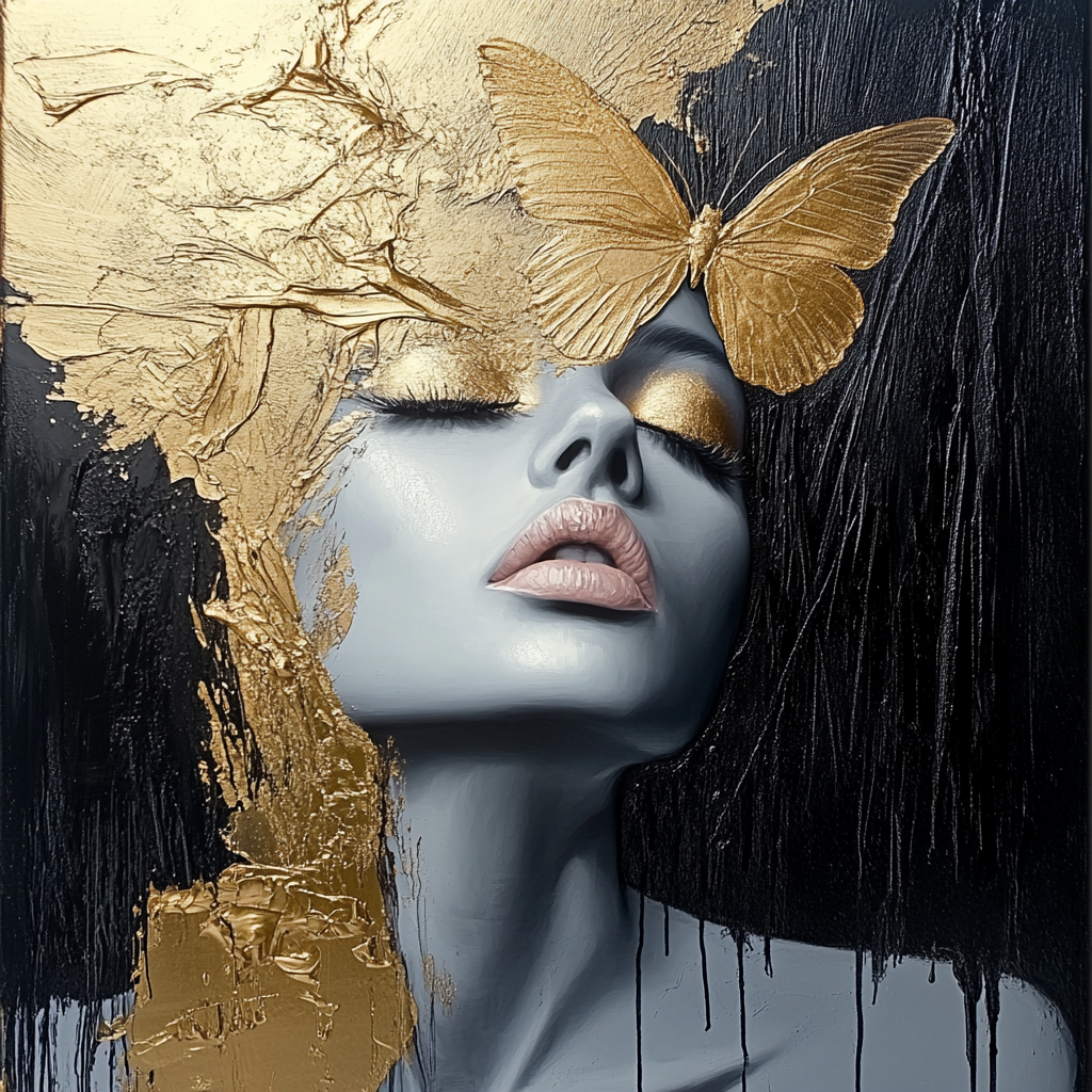 Symbolisches Frauenporträt mit goldener Textur und Schmetterling auf dem Gesicht in modernem, ästhetischem Kunststil.