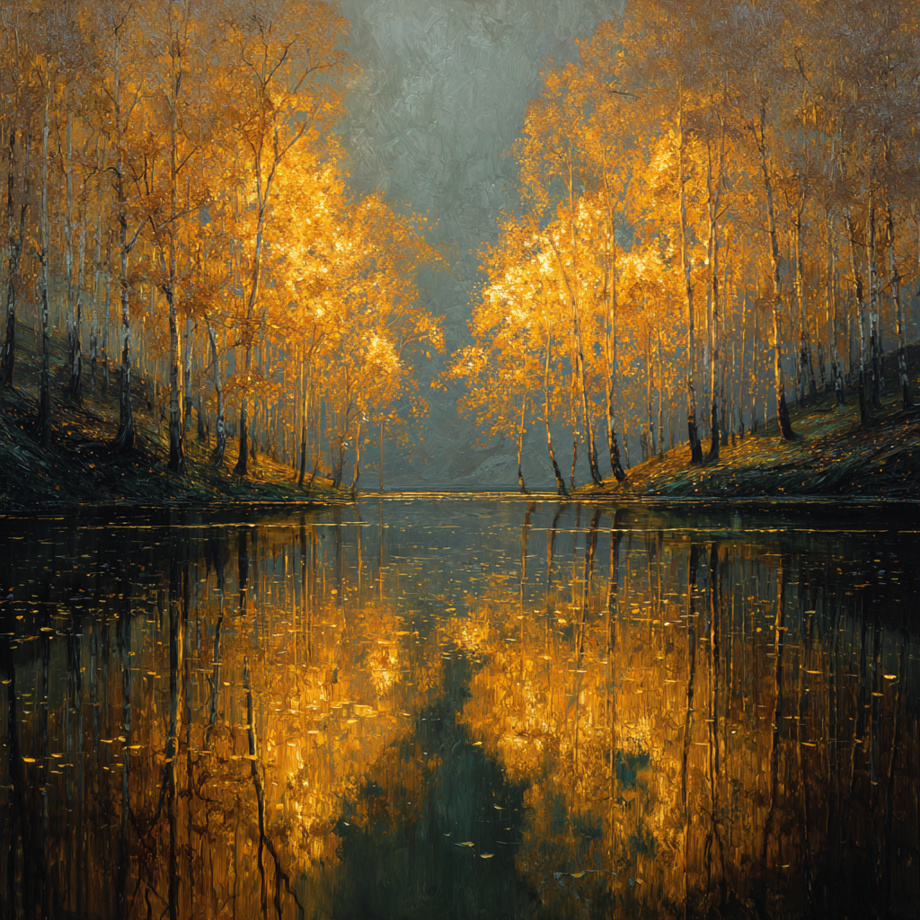 Goldener Herbstwald mit leuchtenden Bäumen, die sich in einem ruhigen Fluss spiegeln.