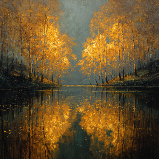 Goldener Herbstwald mit leuchtenden Bäumen, die sich in einem ruhigen Fluss spiegeln.