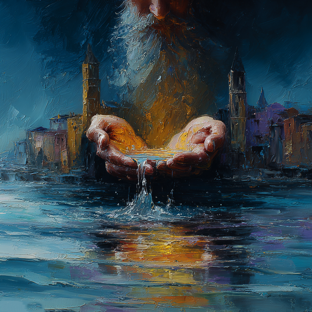 Symbolische Hände halten leuchtendes Wasser über einer nächtlichen Stadtlandschaft.