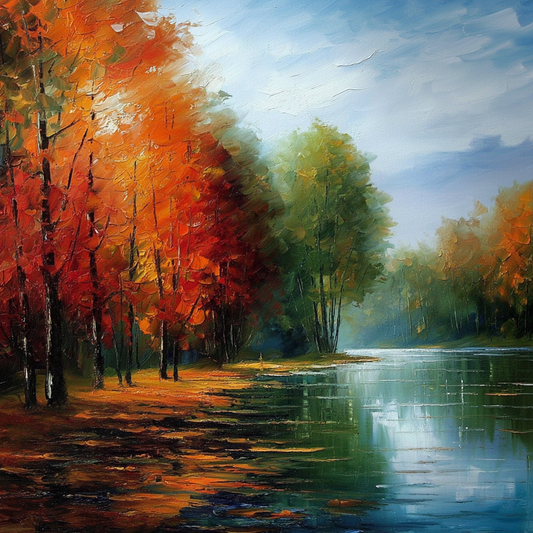 Impressionistische Herbstlandschaft mit bunten Bäumen am Flussufer und ruhiger Wasseroberfläche.