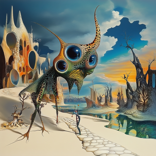 Surreale Szene mit riesigem fantasievollem Wesen mit großen Augen und einer kleinen menschlichen Figur in einer fremden Landschaft.