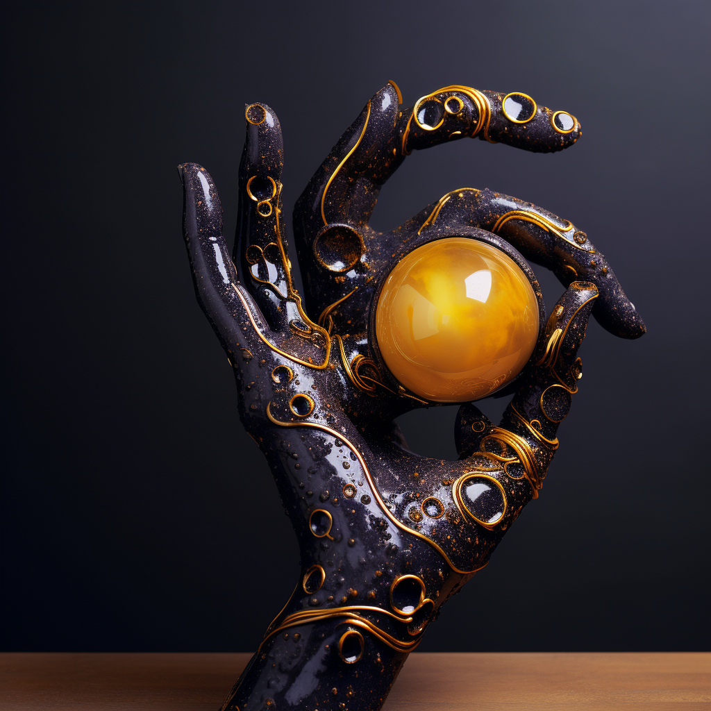 Symbolische dunkle Hand mit goldenen Linien, die eine leuchtende goldene Kugel schützend umschließt, vor dunklem Hintergrund.