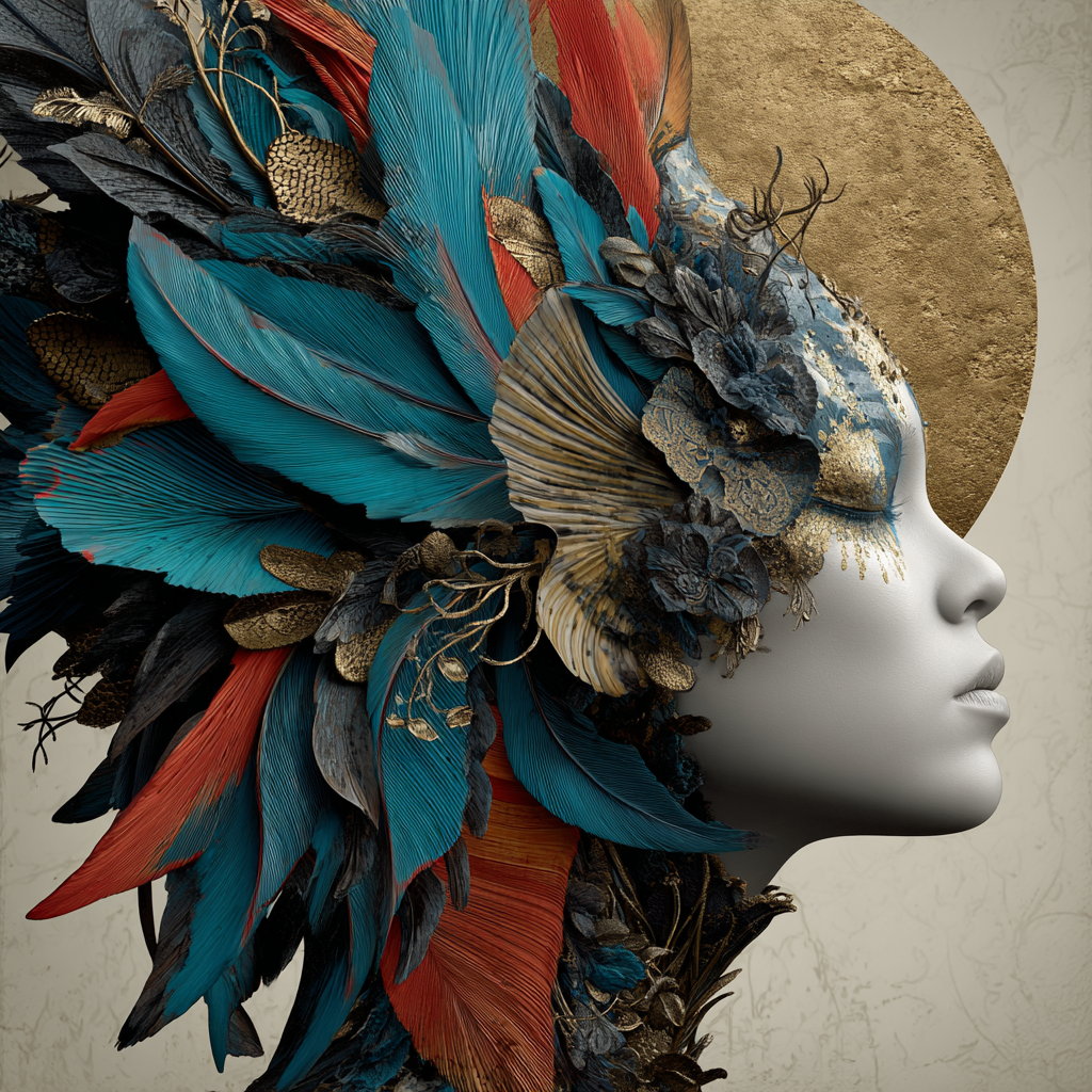 Symbolisches Frauenporträt im Profil mit kunstvoller Feder- und Naturornamentik in Blau, Rot und Gold vor hellem Hintergrund.