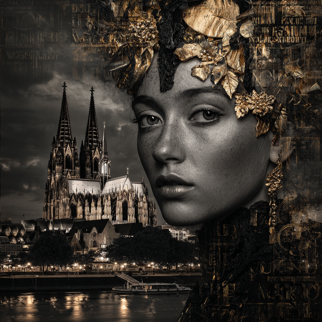 Künstlerisches Frauenporträt mit goldenen Ornamenten vor dem Kölner Dom bei Nacht am Rhein.