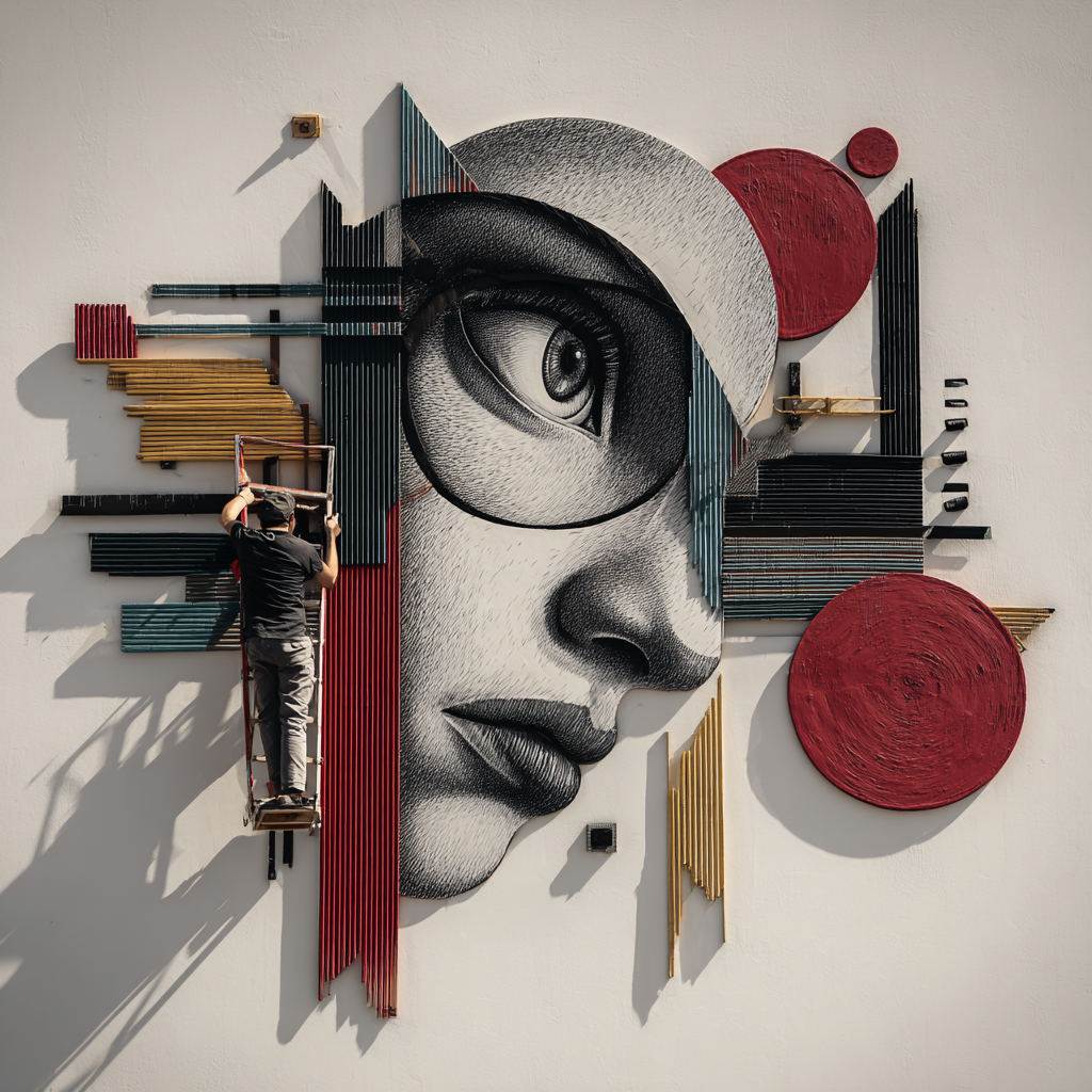 Großes Street-Art-Kunstwerk mit menschlichem Gesicht, geometrischen Formen und Künstler auf Leiter als Symbol für Wahrnehmung und Konstruktion.