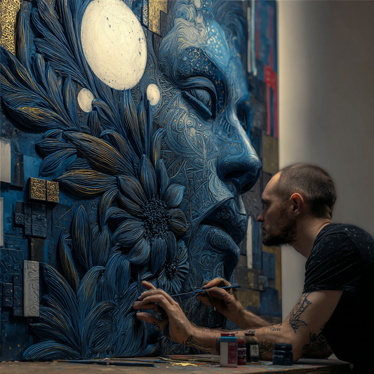 Künstler arbeitet an einem großformatigen, blauen Relief-Porträt mit floralen Strukturen und goldenen Akzenten in ruhiger Atelieratmosphäre.