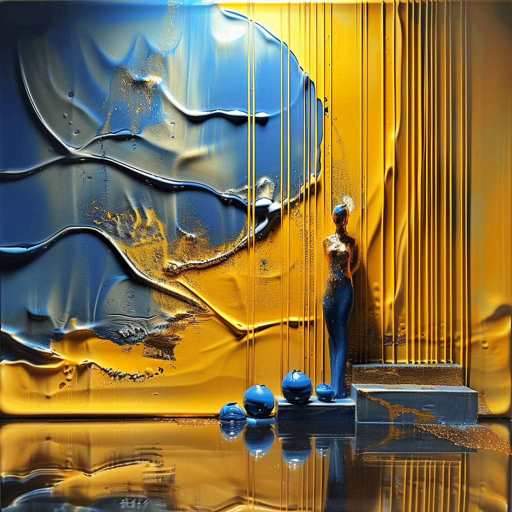 Abstraktes digitales Kunstwerk mit einer stehenden Figur in einem fließenden Raum aus Gold- und Blautönen, mit reflektierenden Flächen und geometrischen Elementen.