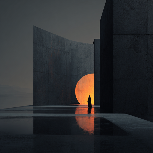 Minimalistische architektonische Landschaft mit dunklen Wänden, spiegelndem Wasser, einer einzelnen Figur und einem leuchtenden Kreis als Lichtquelle im Hintergrund.