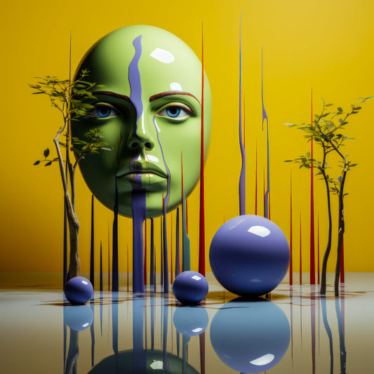 Surreal-symbolisches Kunstwerk mit skulpturalem Porträt, vertikalen Linien, Kugelformen und spiegelnder Wasserfläche in kontrastreicher Farbpalette.