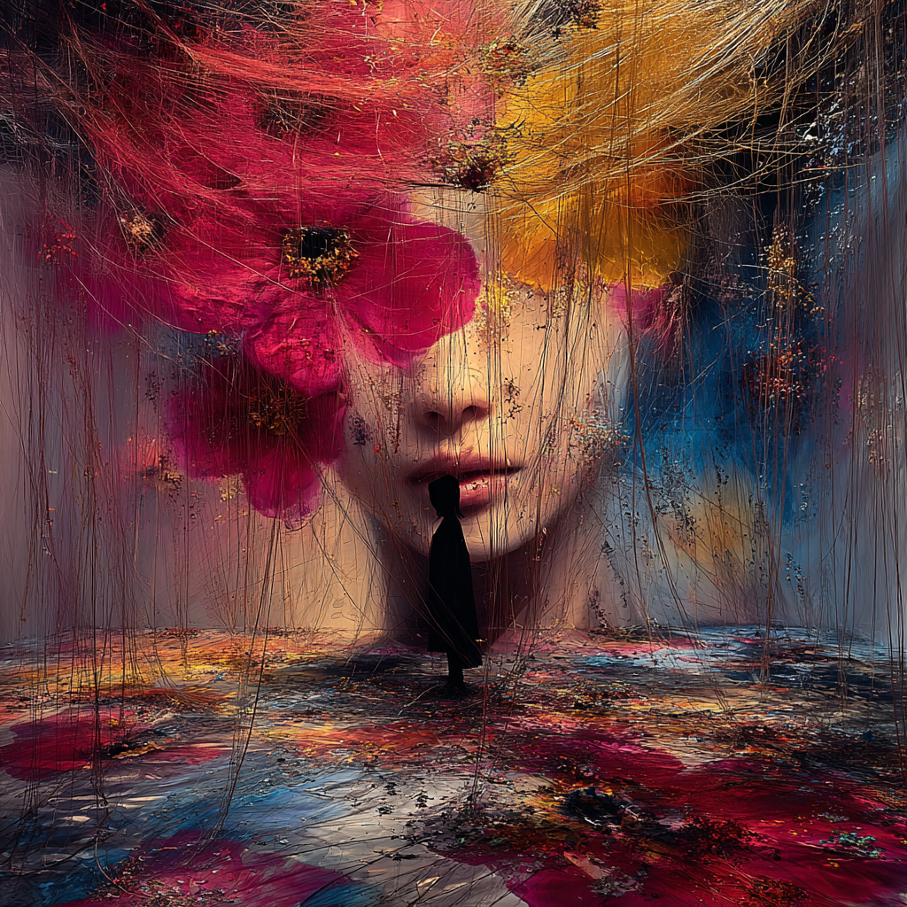 Silhouette einer Person vor einem großen weiblichen Gesicht mit fließenden Farbflächen und abstrakter, emotionaler Atmosphäre.