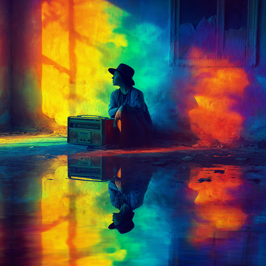 Poetische Szene einer sitzenden Figur mit Radio in farbigem Licht, Spiegelung auf dem Boden, ruhig-symbolische und kreative Atmosphäre