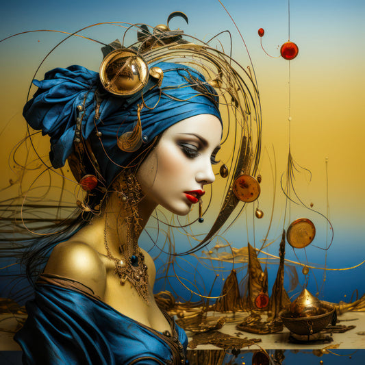 Surreales Frauenporträt mit goldenen Kreisen und feinen Linien, das Themen wie Erinnerung, Identität und Wahrnehmung in ruhiger, ästhetischer Bildsprache darstellt.