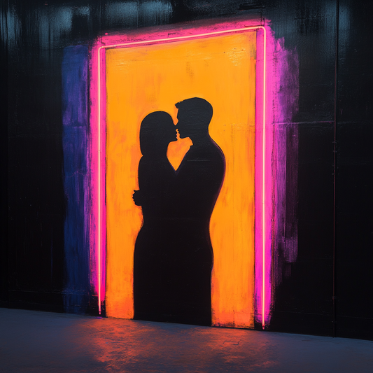 Silhouette eines sich nah stehenden Paares vor leuchtendem orange-pinkem Hintergrund.