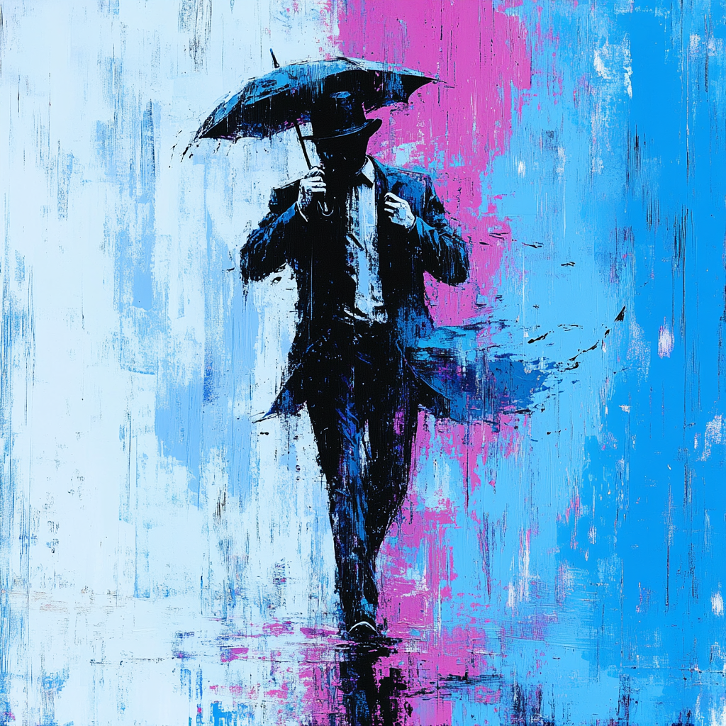 Abstrakte Silhouette einer Person mit Regenschirm vor blau-rosa strukturiertem Hintergrund, der an Regen und Bewegung erinnert.