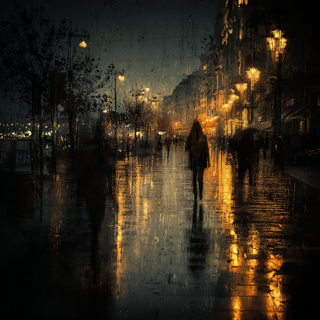 Nächtliche Stadtszene im Regen mit gehenden Menschen, reflektierenden Lichtern auf nassem Asphalt und dunkler, stimmungsvoller Atmosphäre.