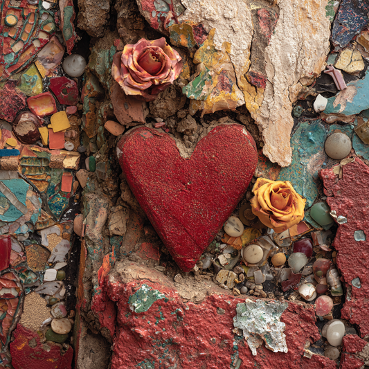 Rotes Herz in einer rauen Stein- und Mosaikstruktur mit kleinen Rosen und farbigen Fragmenten.