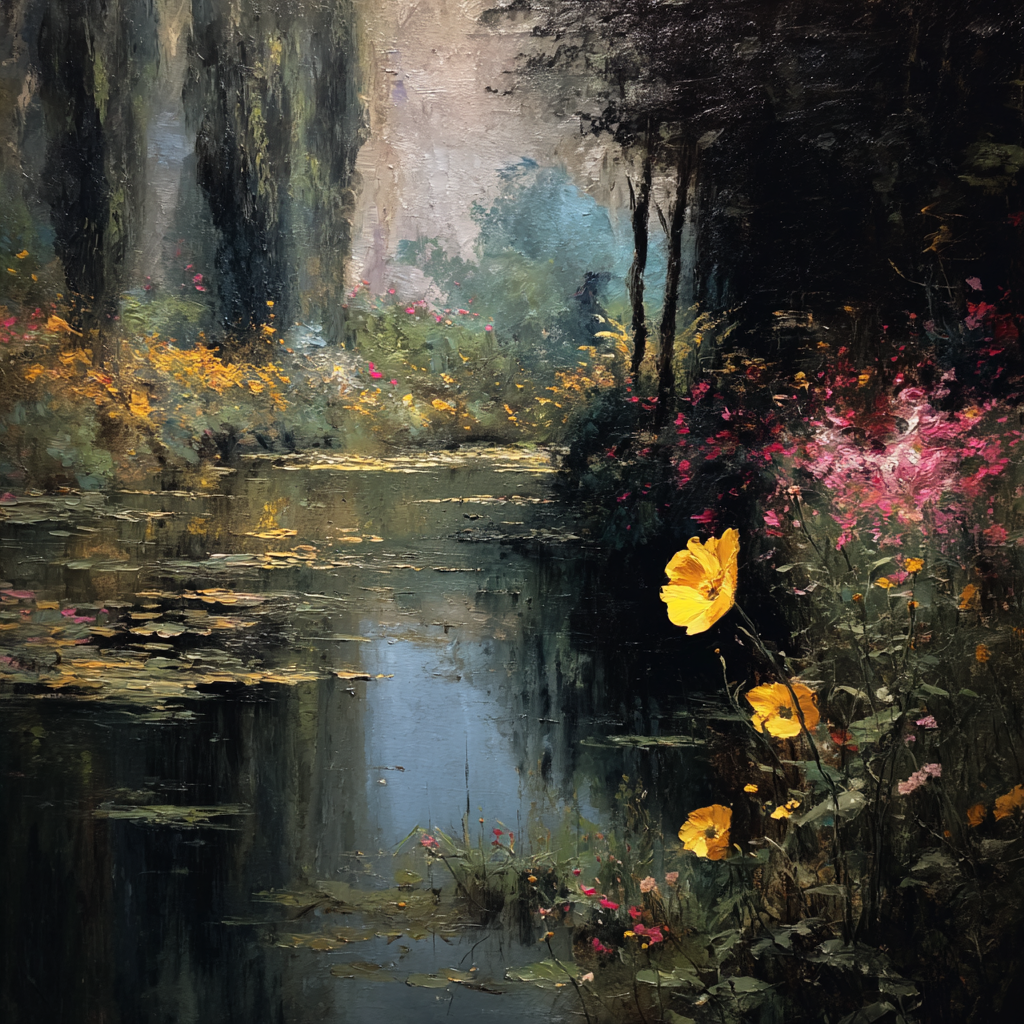 Impressionistische Waldlandschaft mit ruhigem Wasser, gelben Blüten und spiegelnder Natur.