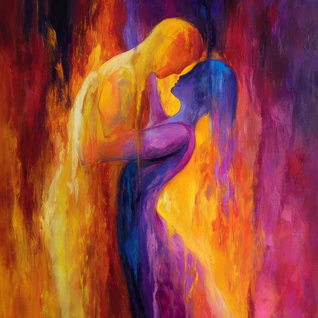 Abstrakte Darstellung zweier ineinander verschlungener Figuren in warmen und kühlen Farbverläufen.