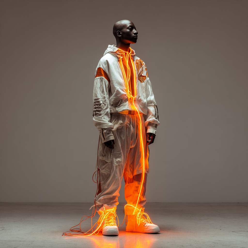 Stehende Figur in heller Kleidung mit leuchtender, vertikaler Linie als Symbol innerer Energie.