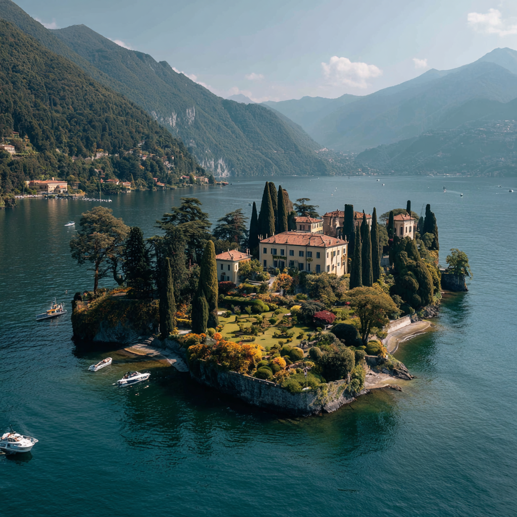 Malerische Insel mit mediterraner Villa, Zypressen und Gartenanlage in einem Bergsee mit Booten.