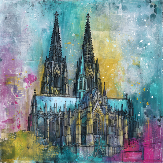 Künstlerische Darstellung des Kölner Doms mit farbigem, abstraktem Hintergrund und detaillierter Linienzeichnung der gotischen Architektur.