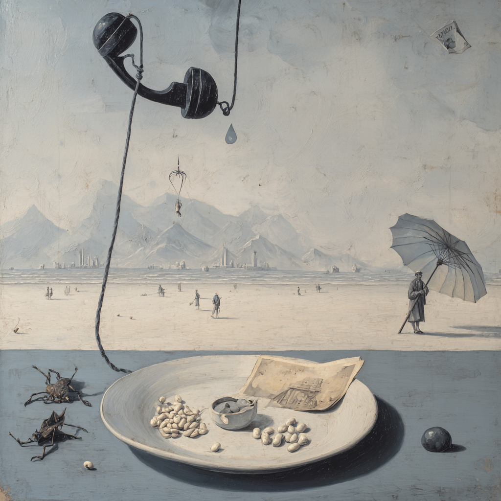 Symbolische Szene mit Telefonhörer, leerem Teller und einsamer Landschaft.