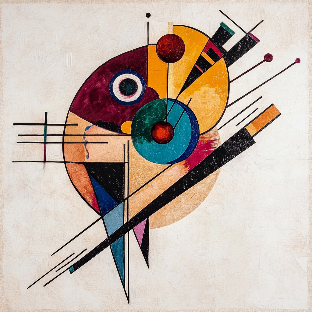 Abstrakte geometrische Komposition mit Kreisen, Linien und harmonischer Farbstruktur.