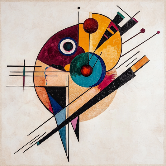 Abstrakte geometrische Komposition mit Kreisen, Linien und harmonischer Farbstruktur.