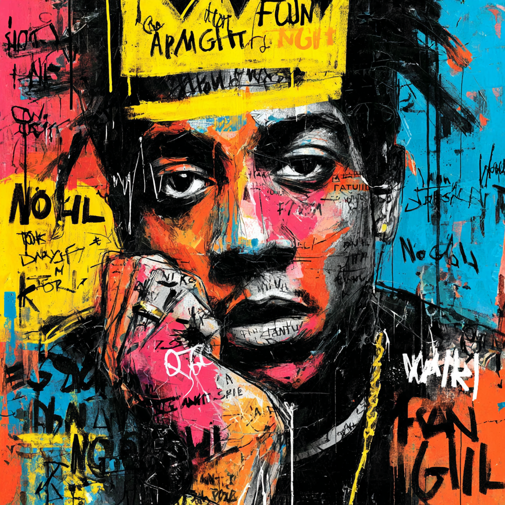 Buntes Street-Art-Porträt eines Mannes mit gelber Krone vor Graffiti-Hintergrund.