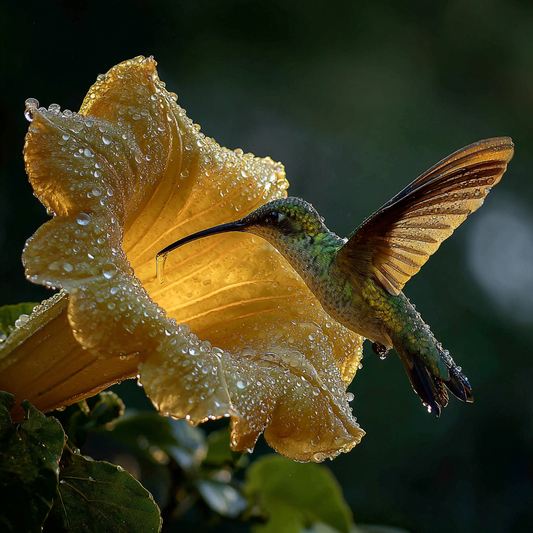 Kolibri mit ausgebreiteten Flügeln vor gelber Blüte mit Tautropfen beim Nektarsammeln.