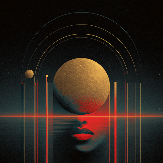 Abstrakte Szene mit goldener Planeten-Kugel über Wasser, geometrischen Linien und roten Lippen im dunklen Raum.