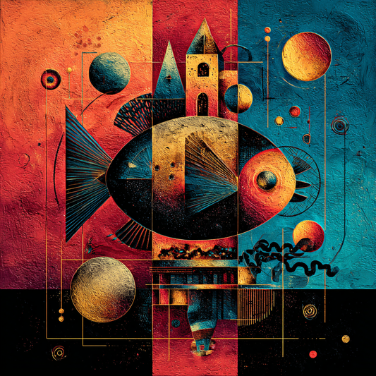 Geometrische abstrakte Komposition mit Turm, ovaler Form und Planetenmotiven in Rot, Orange und Petrolblau.