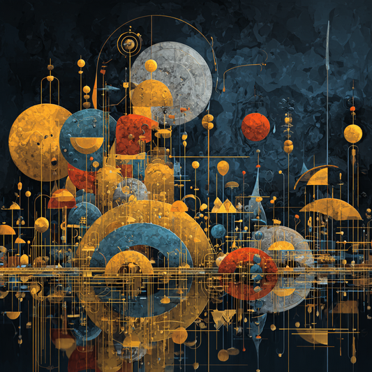 Abstrakte geometrische Komposition mit Kreisen, Linien und gold-blauen Formen in kosmischer Anmutung.