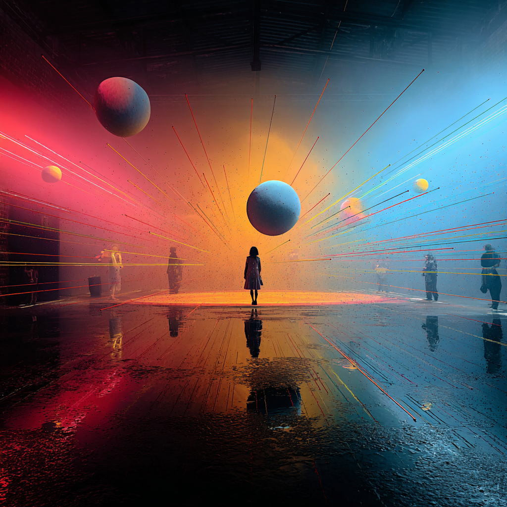Moderne Lichtinstallation mit schwebenden Planeten und farbigen Strahlen in einer großen Halle, mit einer Person im Zentrum.